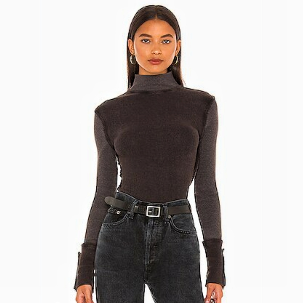 New We The Free Jojo Womens Long Sleeve Mock Neck Buttoned Cuff Brown & Slate| S